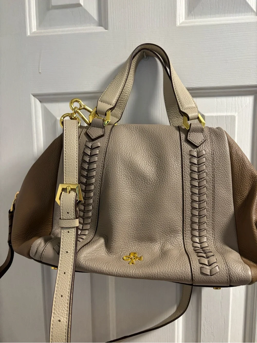 Oryany Tri-Color Pebbled Leather Satchel Crossbody Bag Taupe Tan Cream EUC - Picture 2 of 9